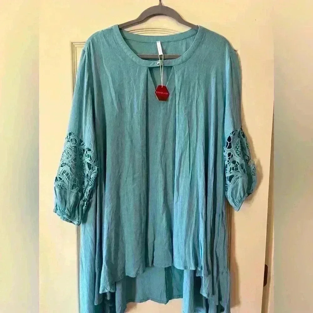 Pinkblush Light Teal Crochet Sleeve High-Low Blouse